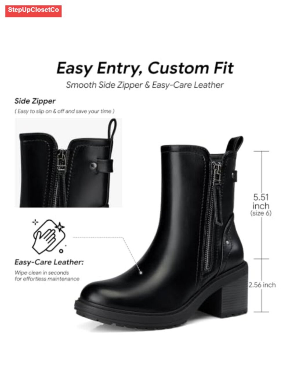 Women's Faux Leather Ankle Boots 2.56 Inch Chunky Heel Booties - Picture 3 of 6